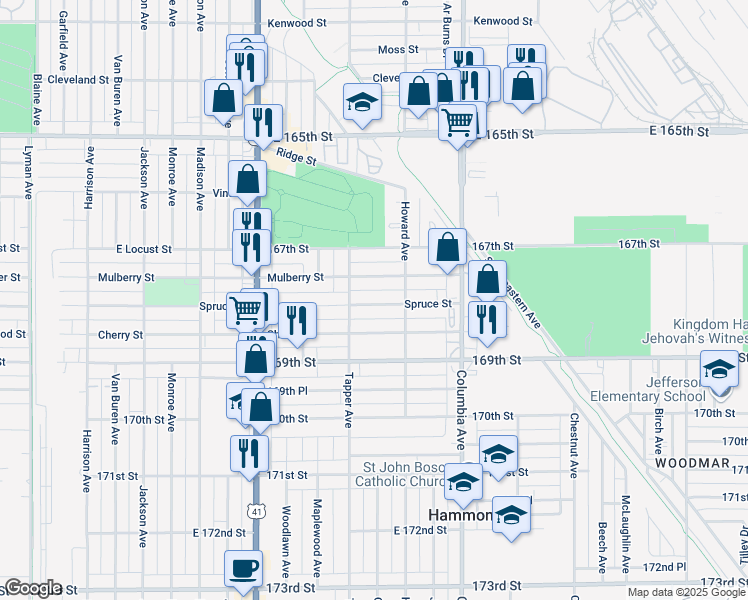 map of restaurants, bars, coffee shops, grocery stores, and more near 1021 Spruce Street in Hammond