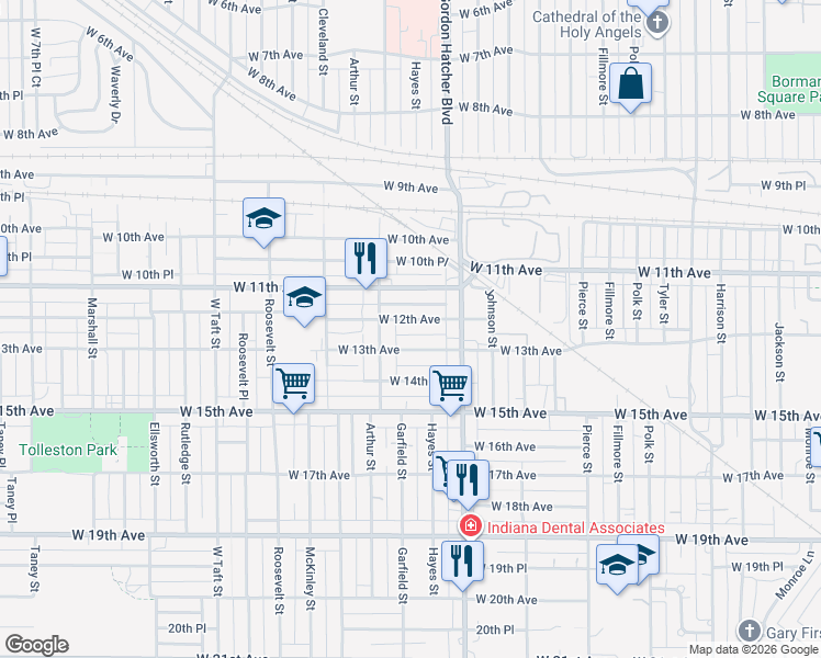 map of restaurants, bars, coffee shops, grocery stores, and more near 1679 West 12th Avenue in Gary
