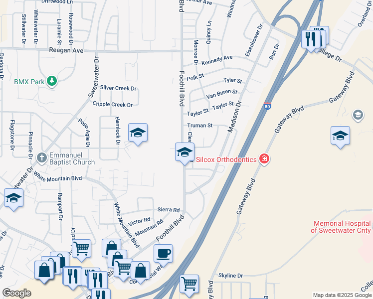 map of restaurants, bars, coffee shops, grocery stores, and more near 1095 Harrison Drive in Rock Springs