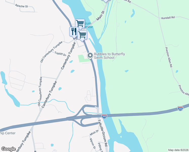 map of restaurants, bars, coffee shops, grocery stores, and more near 87 Taftville-Occum Road in Norwich