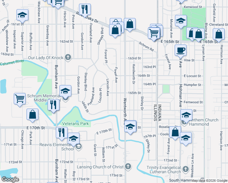 map of restaurants, bars, coffee shops, grocery stores, and more near 1491 Forest Avenue in Calumet City