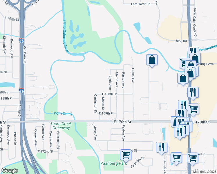 map of restaurants, bars, coffee shops, grocery stores, and more near 16750 Manor Drive in South Holland