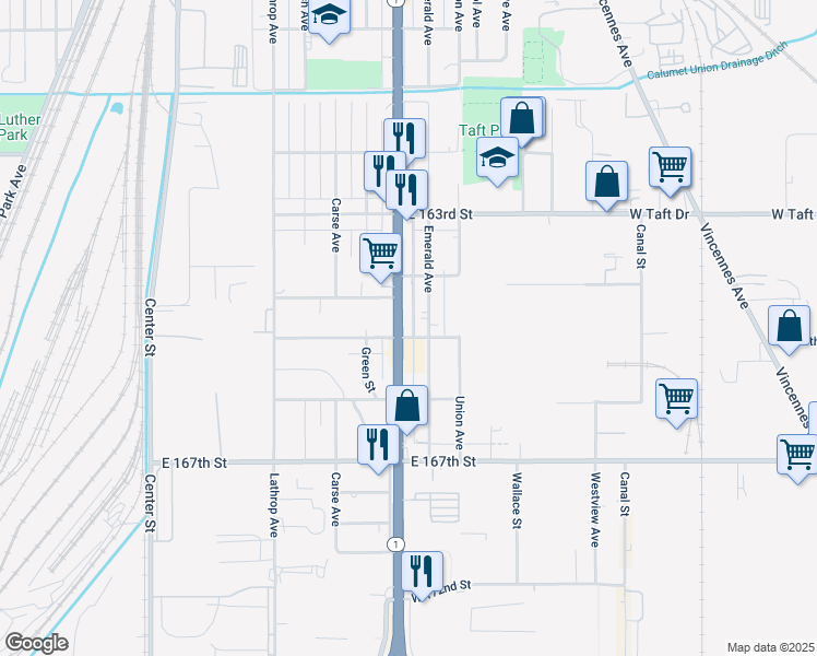 map of restaurants, bars, coffee shops, grocery stores, and more near 16435 Halsted Street in Harvey