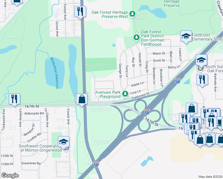 map of restaurants, bars, coffee shops, grocery stores, and more near 4606 Newberry Avenue in Oak Forest