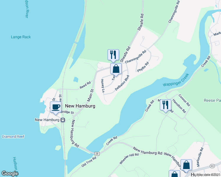map of restaurants, bars, coffee shops, grocery stores, and more near 12-15 Twin Road in Wappingers Falls