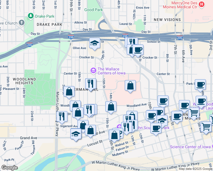 map of restaurants, bars, coffee shops, grocery stores, and more near 1441 Pleasant Street in Des Moines