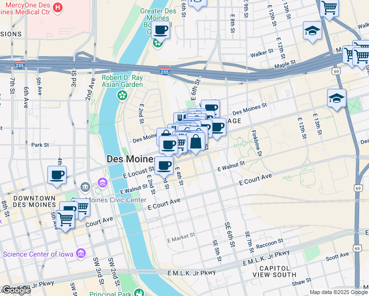 map of restaurants, bars, coffee shops, grocery stores, and more near 425 East Grand Avenue in Des Moines