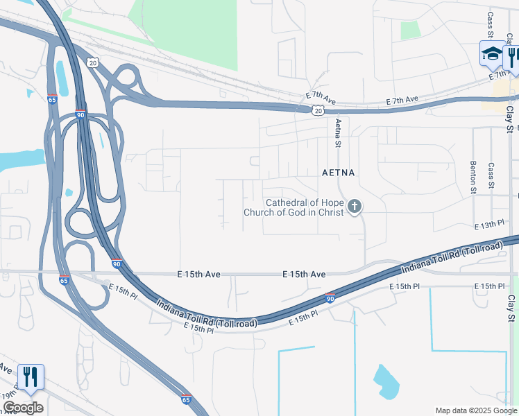 map of restaurants, bars, coffee shops, grocery stores, and more near 1245 Idaho Street in Gary