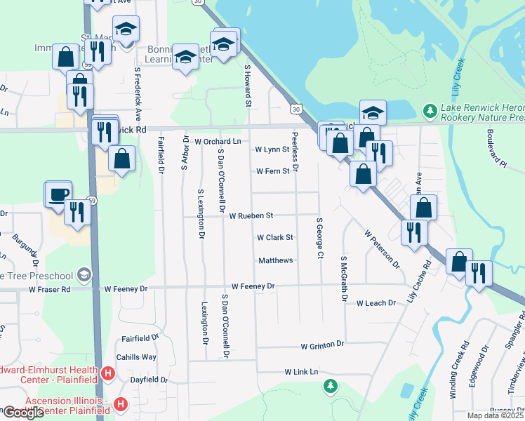 map of restaurants, bars, coffee shops, grocery stores, and more near 23548 West Rueben Street in Plainfield