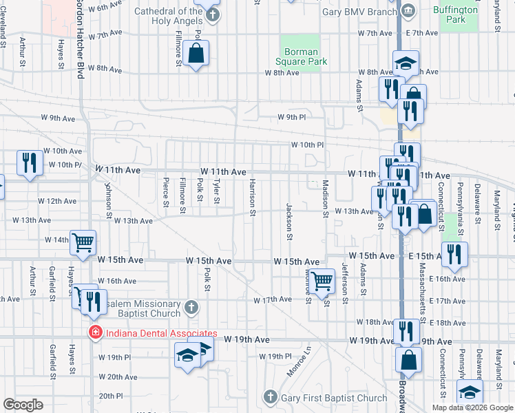 map of restaurants, bars, coffee shops, grocery stores, and more near 1168 Harrison Street in Gary
