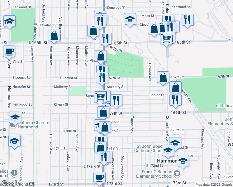 map of restaurants, bars, coffee shops, grocery stores, and more near 850 Mulberry Street in Hammond