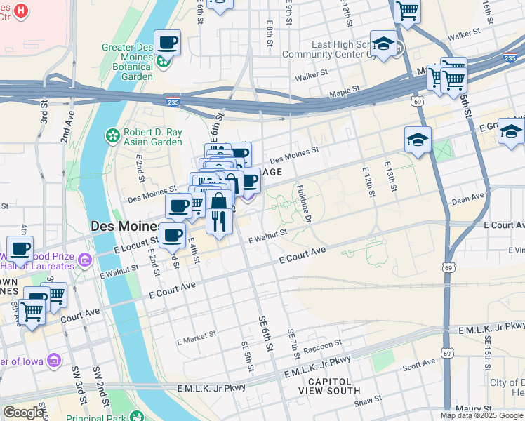 map of restaurants, bars, coffee shops, grocery stores, and more near 1100 East Locust Street in Des Moines