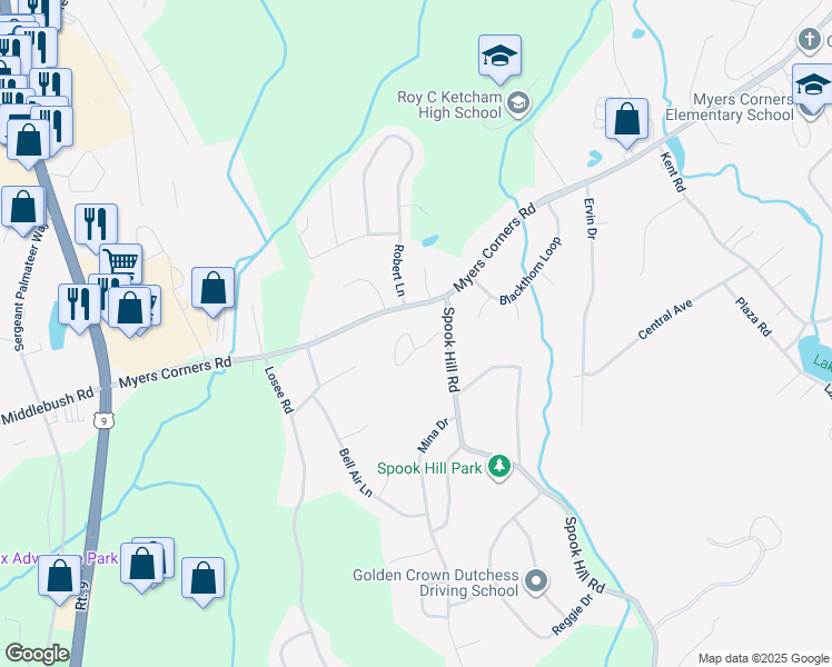 map of restaurants, bars, coffee shops, grocery stores, and more near 63 Hamlet Court in Wappingers Falls