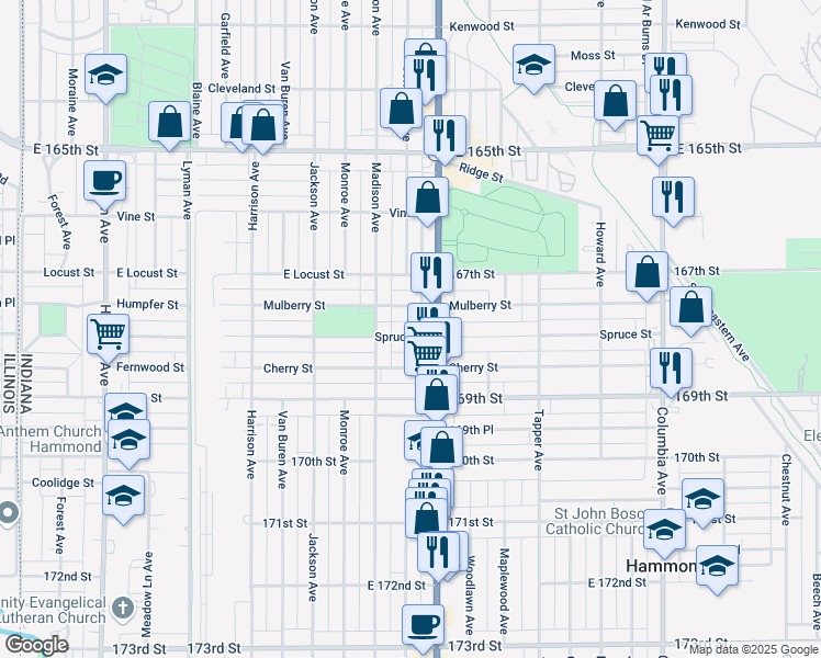 map of restaurants, bars, coffee shops, grocery stores, and more near 729 Spruce Street in Hammond