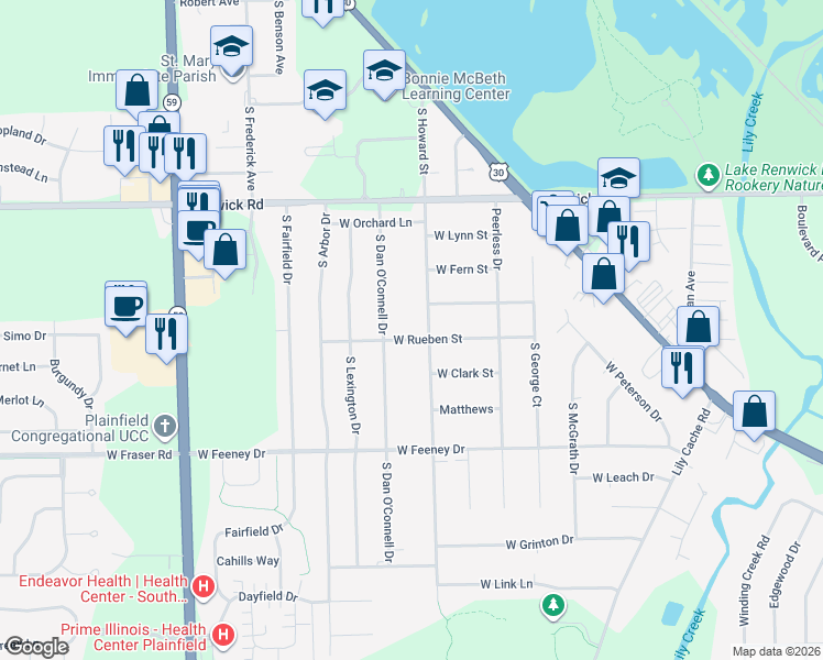 map of restaurants, bars, coffee shops, grocery stores, and more near 23618 West Rueben Street in Plainfield