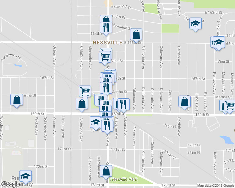 map of restaurants, bars, coffee shops, grocery stores, and more near 6809 Alabama Avenue in Hammond