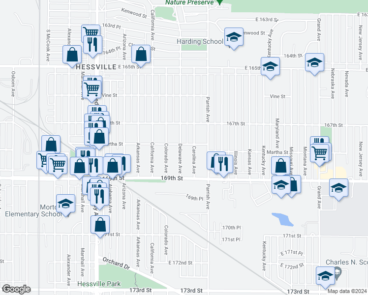 map of restaurants, bars, coffee shops, grocery stores, and more near 6807 Delaware Avenue in Hammond