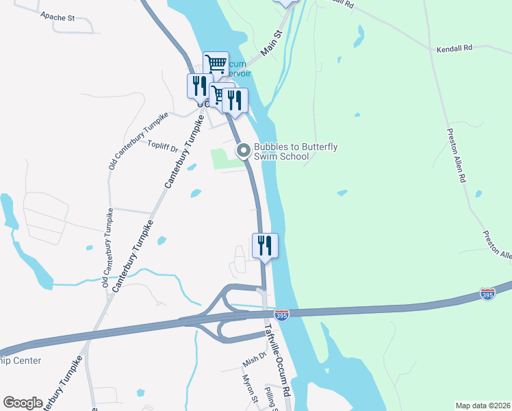 map of restaurants, bars, coffee shops, grocery stores, and more near 87 Taftville-Occum Road in Norwich