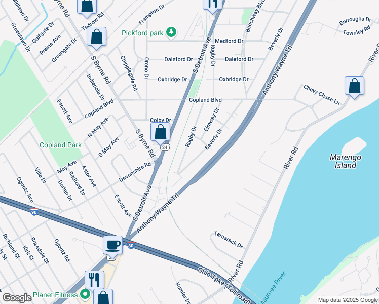 map of restaurants, bars, coffee shops, grocery stores, and more near 4336 Rugby Drive in Toledo