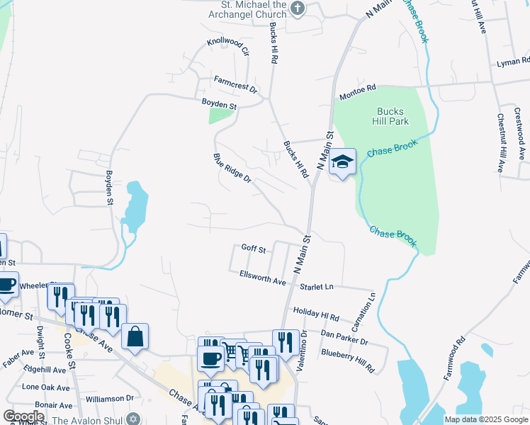map of restaurants, bars, coffee shops, grocery stores, and more near 24 Blue Ridge Drive in Waterbury