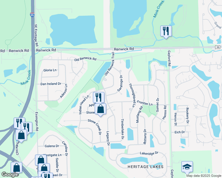 map of restaurants, bars, coffee shops, grocery stores, and more near 3754 Indian Head Lane in Joliet