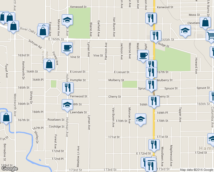 map of restaurants, bars, coffee shops, grocery stores, and more near 505 Spruce Street in Hammond