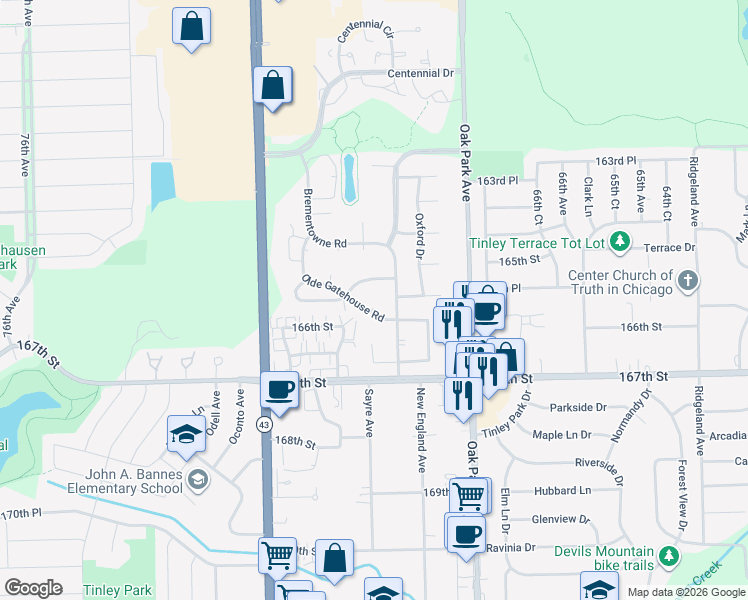 map of restaurants, bars, coffee shops, grocery stores, and more near 6948 Olde Gatehouse Road in Tinley Park