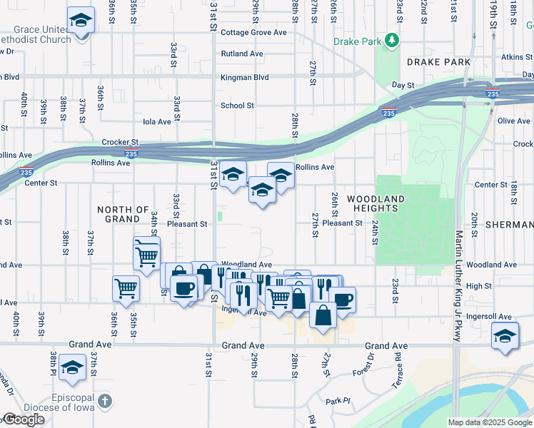 map of restaurants, bars, coffee shops, grocery stores, and more near 710 28th Street in Des Moines