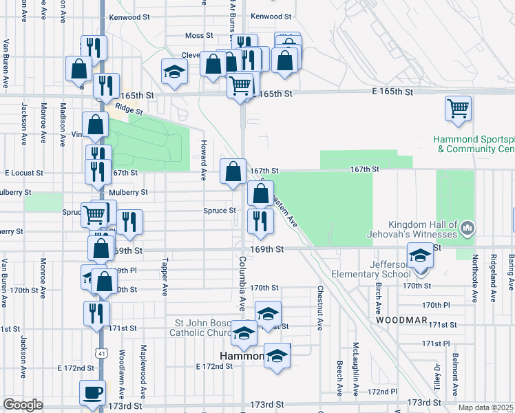 map of restaurants, bars, coffee shops, grocery stores, and more near 6749 Columbia Avenue in Hammond