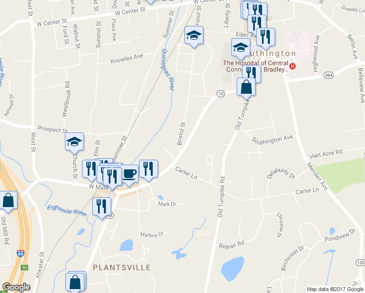 map of restaurants, bars, coffee shops, grocery stores, and more near 570 Main Street in Southington