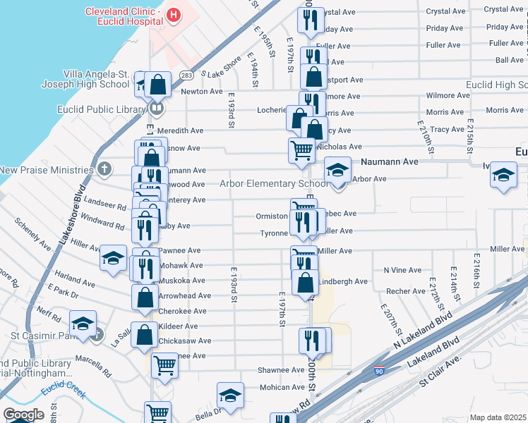 map of restaurants, bars, coffee shops, grocery stores, and more near 19571 Ormiston Avenue in Euclid