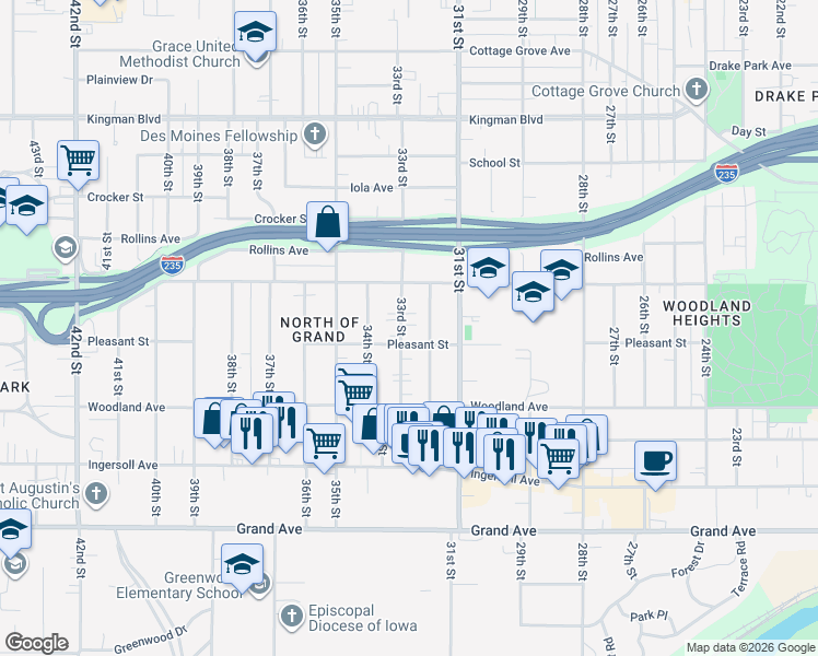 map of restaurants, bars, coffee shops, grocery stores, and more near 711 33rd Street in Des Moines