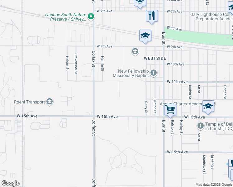 map of restaurants, bars, coffee shops, grocery stores, and more near 1159 Dallas Street in Gary