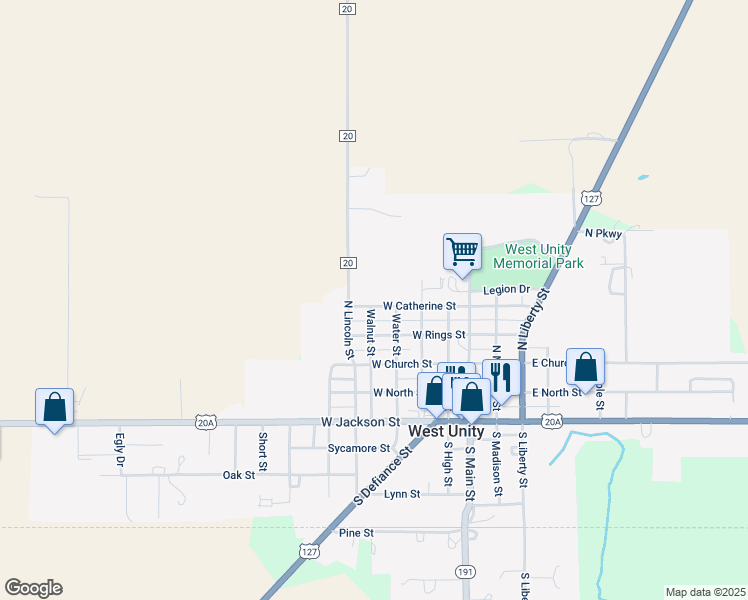 map of restaurants, bars, coffee shops, grocery stores, and more near 406 West Catherine Street in West Unity