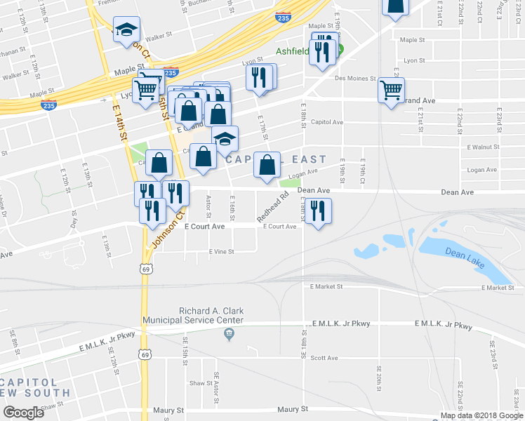 map of restaurants, bars, coffee shops, grocery stores, and more near 201 East 16th Court in Des Moines
