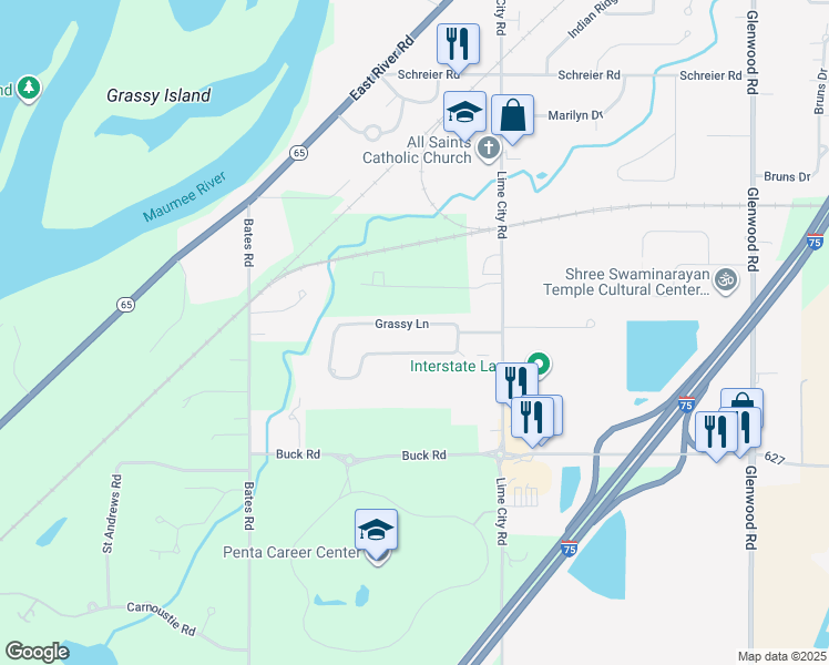 map of restaurants, bars, coffee shops, grocery stores, and more near 1243 Grassy Lane in Rossford
