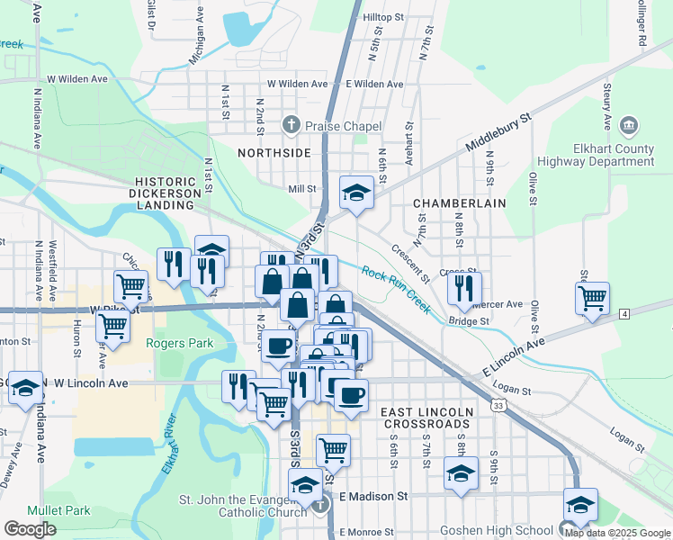 map of restaurants, bars, coffee shops, grocery stores, and more near 356-398 North Main Street in Goshen