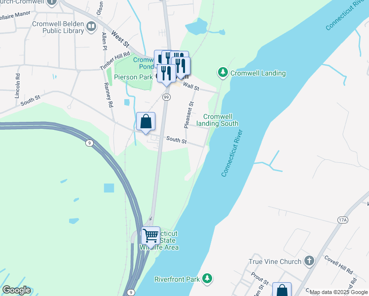 map of restaurants, bars, coffee shops, grocery stores, and more near 15 South Street in Cromwell