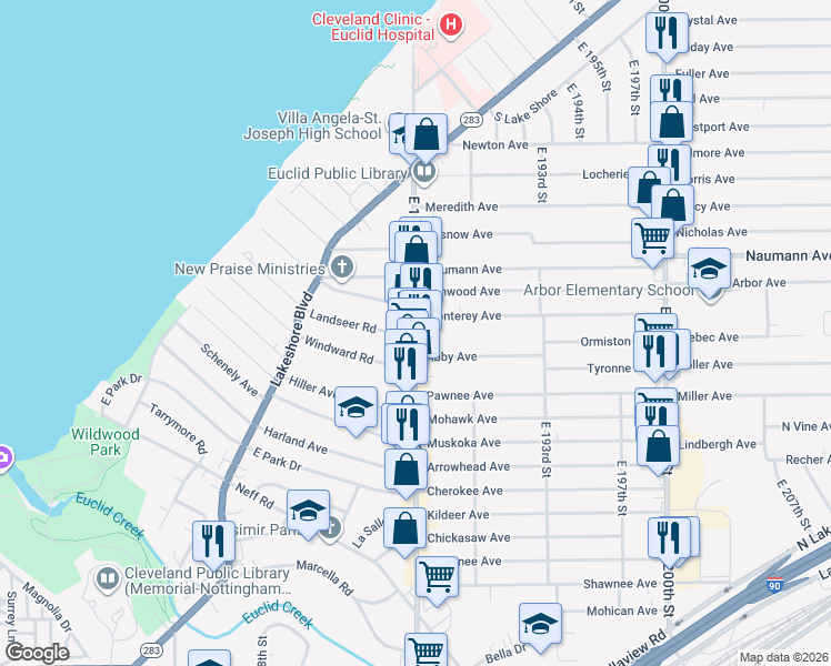 map of restaurants, bars, coffee shops, grocery stores, and more near 18405 Landseer Road in Cleveland