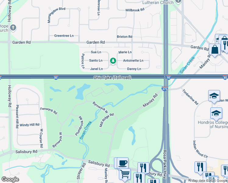 map of restaurants, bars, coffee shops, grocery stores, and more near 6621 Embassy Court in Maumee