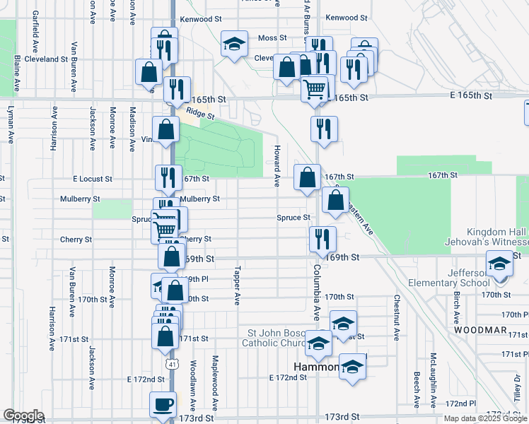 map of restaurants, bars, coffee shops, grocery stores, and more near 1021 Spruce Street in Hammond
