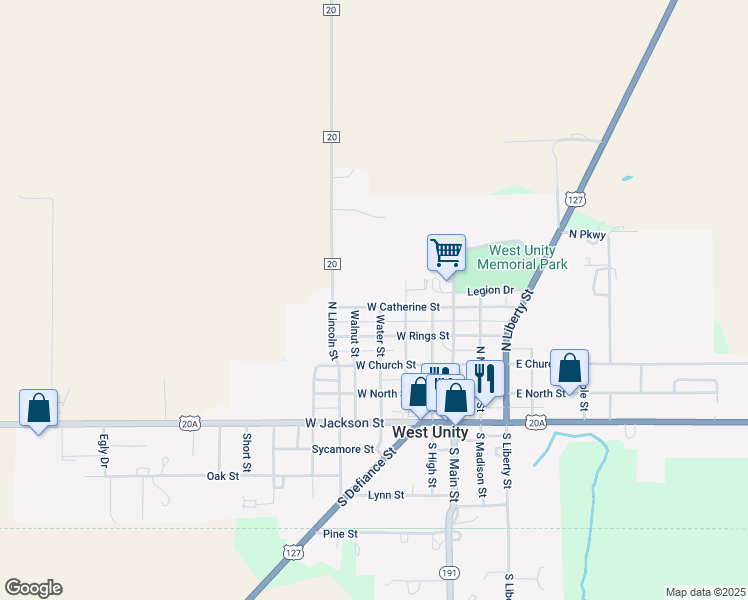 map of restaurants, bars, coffee shops, grocery stores, and more near 406 West Catherine Street in West Unity