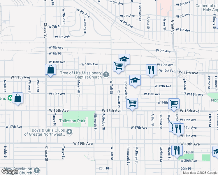 map of restaurants, bars, coffee shops, grocery stores, and more near 1201 Taft Street in Gary