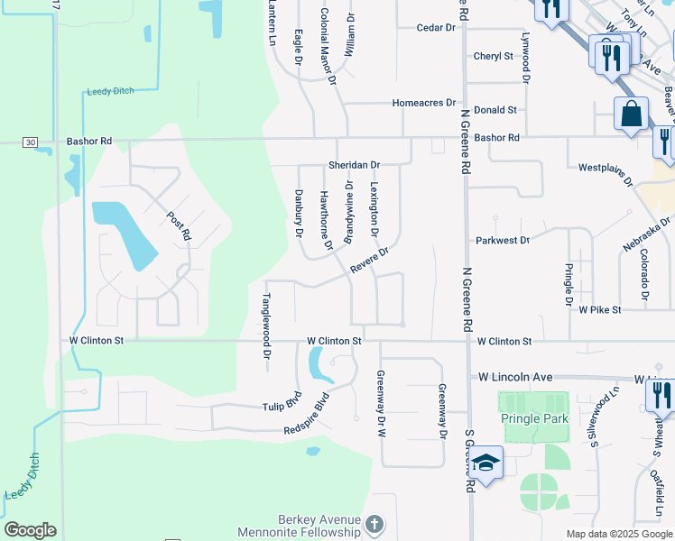 map of restaurants, bars, coffee shops, grocery stores, and more near 401 Hawthorne Drive in Goshen