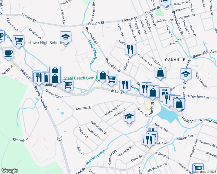 map of restaurants, bars, coffee shops, grocery stores, and more near 788 Main Street in Watertown