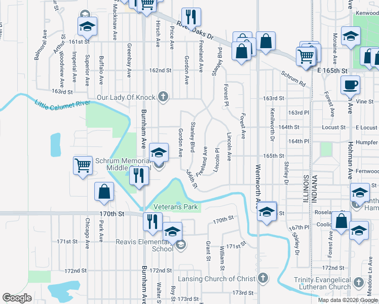 map of restaurants, bars, coffee shops, grocery stores, and more near 1490 Stanley Boulevard in Calumet City