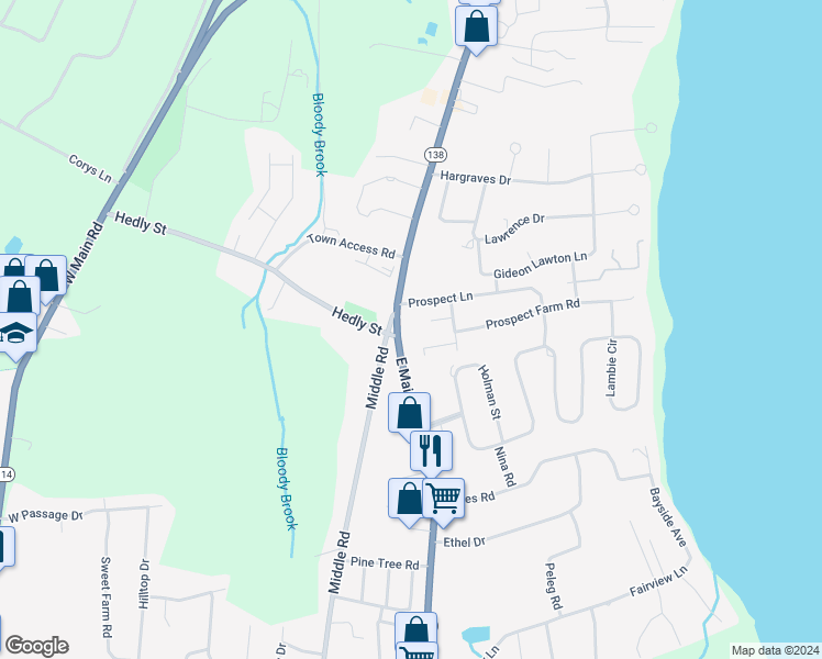 map of restaurants, bars, coffee shops, grocery stores, and more near 2217 East Main Road in Portsmouth