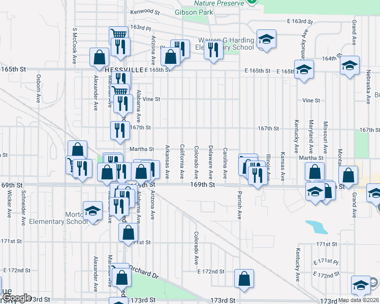 map of restaurants, bars, coffee shops, grocery stores, and more near 3016 Martha Street in Hammond