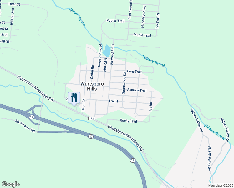 map of restaurants, bars, coffee shops, grocery stores, and more near 76 Longview Trail in Wurtsboro