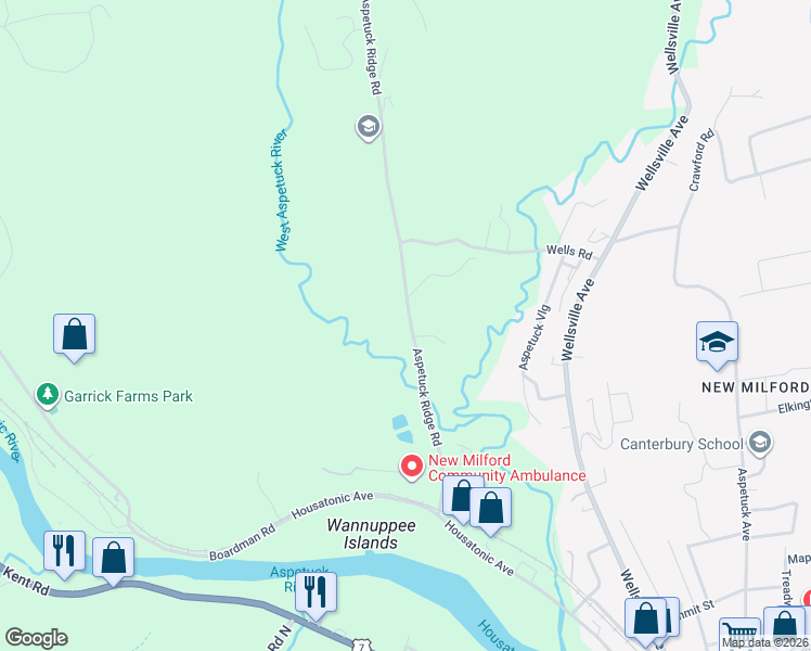 map of restaurants, bars, coffee shops, grocery stores, and more near 48 Aspetuck Ridge Road in New Milford